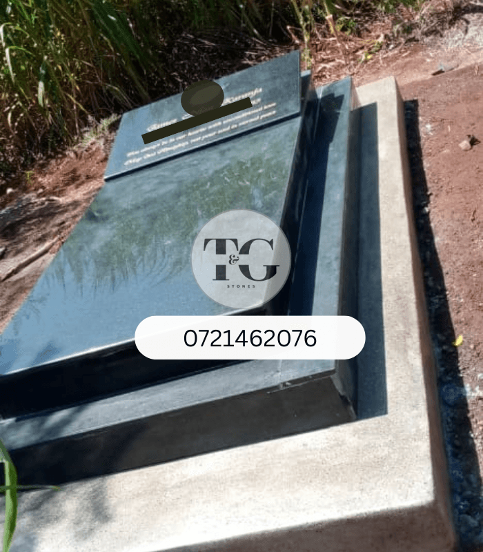 Slanted Headstone with 2 Steps – Black Granite on Gray Base
