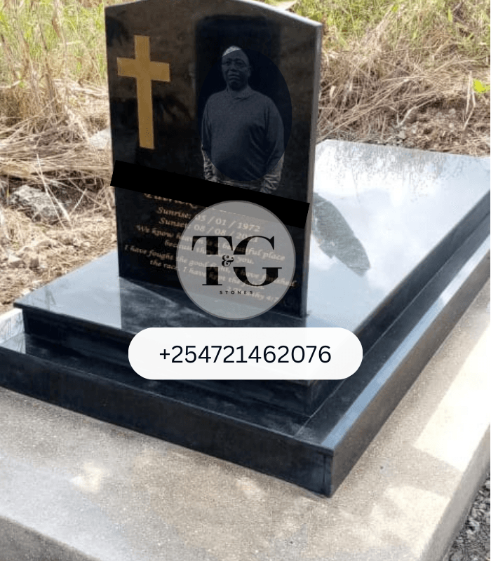 Black Granite Upright Headstone with Single Slab and Base